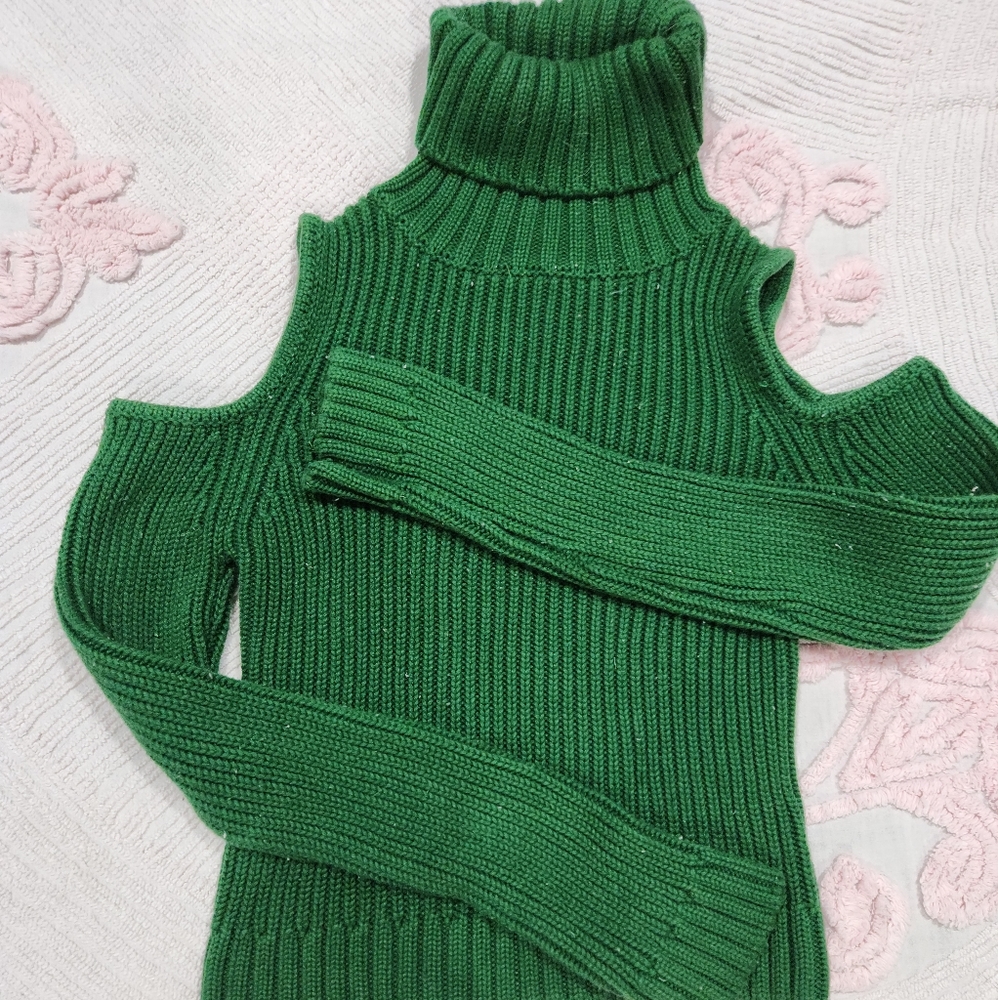 Bardot's Green Turtleneck and Cold Shoulder Sweater - Picture 2 of 8